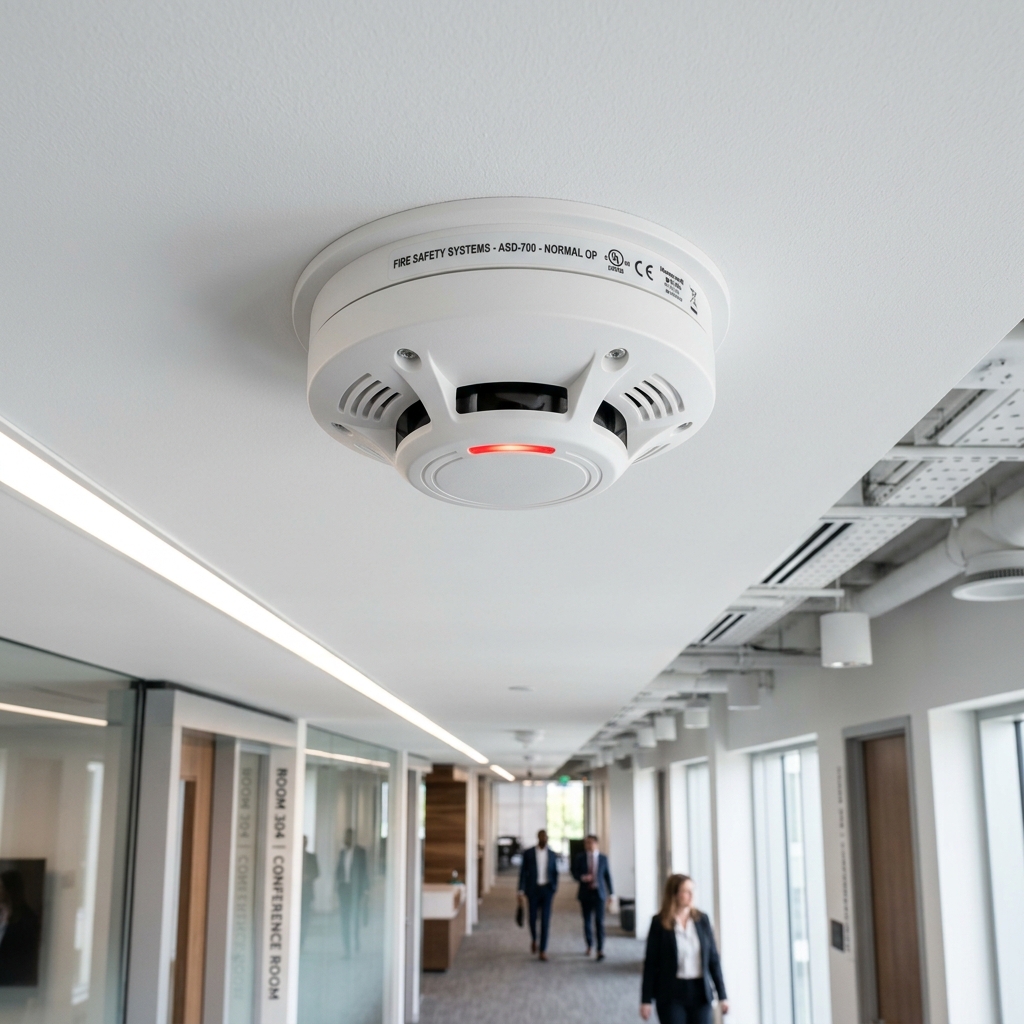 Smart building IoT infrastructure showing automated lighting, HVAC controls, and energy management dashboards in a modern facility