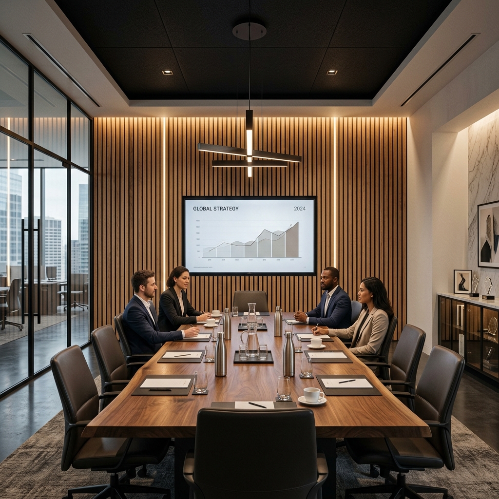 Premium hybrid collaboration space with enterprise video conferencing, 4K interactive displays, and acoustic-engineered meeting room design